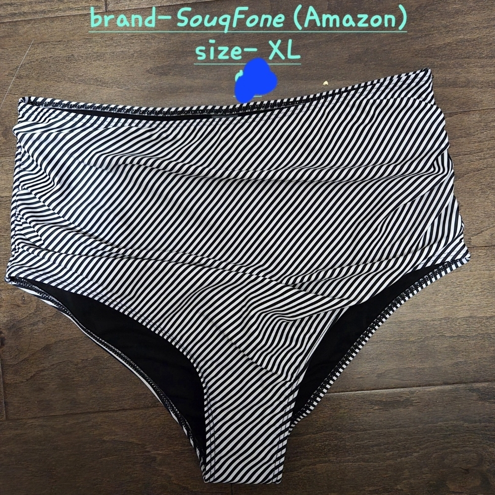 Black and White Striped High-Waisted Bikini Bottom